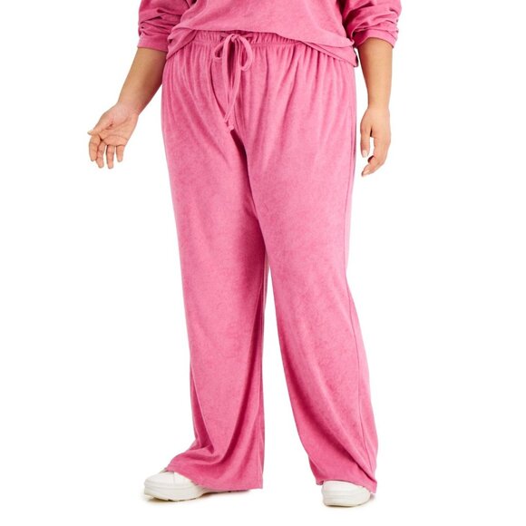 Rebellious One Trendy Plus Size Loop Terry Wide-Leg Pants - Pink, Size 3X, New - Picture 1 of 10